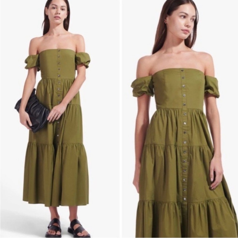 STAUD Elio Midi Dress Olive Green Size 16